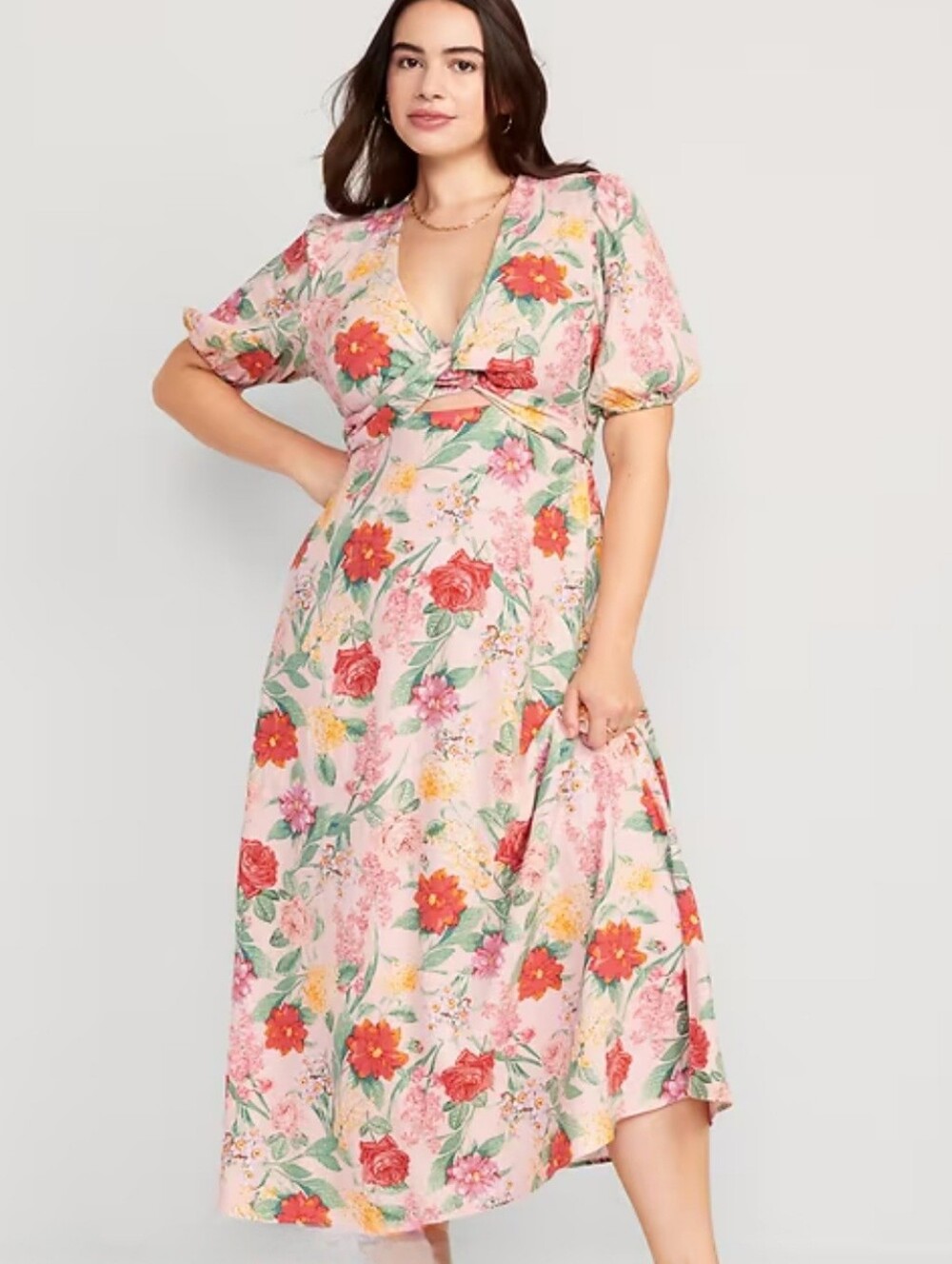 NWT Old Navy Linen Blend Twist Front Floral Midi Dress Pink Green Garden Party L